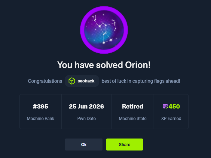 orion htb writeup